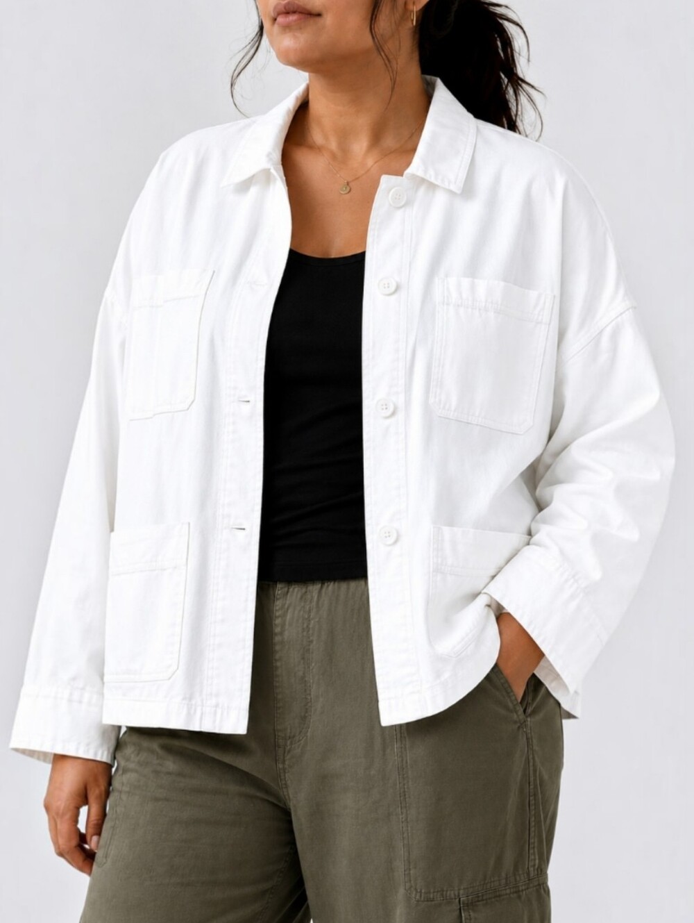 Eileen Fisher Organic Cotton Hemp Blend Boxy Chore Jacket White Patch Pocket XL